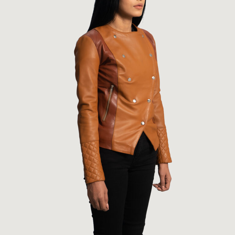Womens County Tan Overlap Leather Jacket Side Pose-3-1664356734110